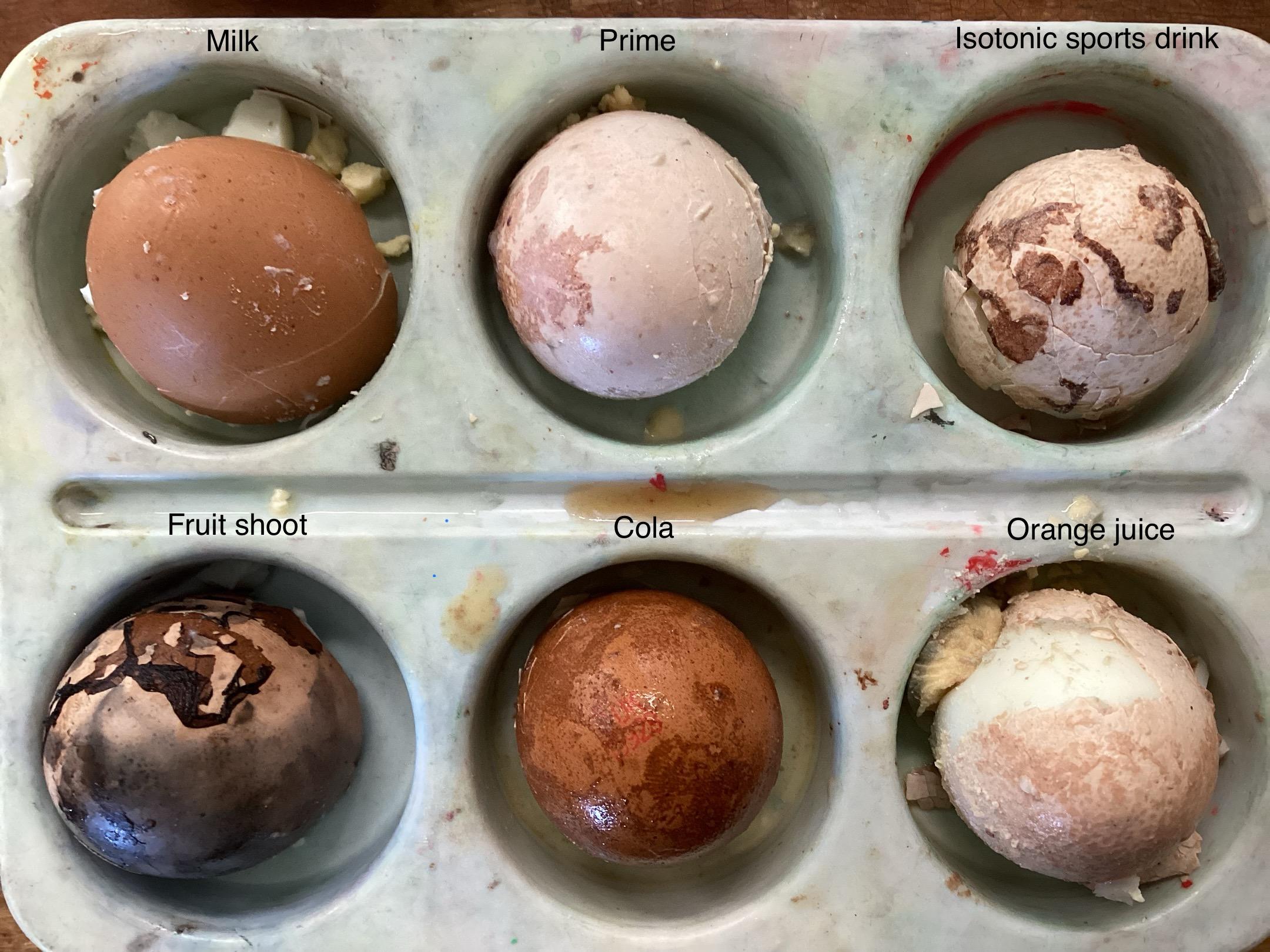 After a week bathing in each of these liquids, this is how our eggs looked.